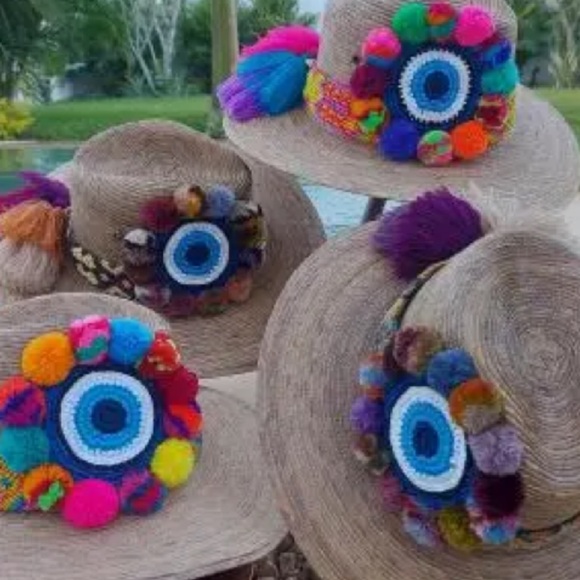 Vibrant Fun In the Sun Multicolor Pom Pom Evil Eye Protection Sunhat Beach Hat - Picture 8 of 8